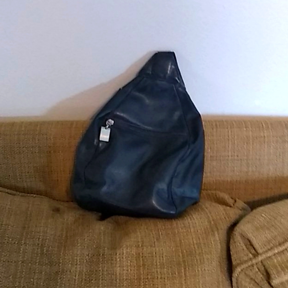 First Edition black leather shoulder bag